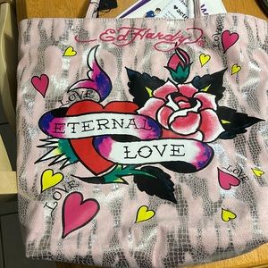 Ed Hardy Eternal Love Tote Bag Pink Silver Tattoo Heart Flower Magnet Closure.